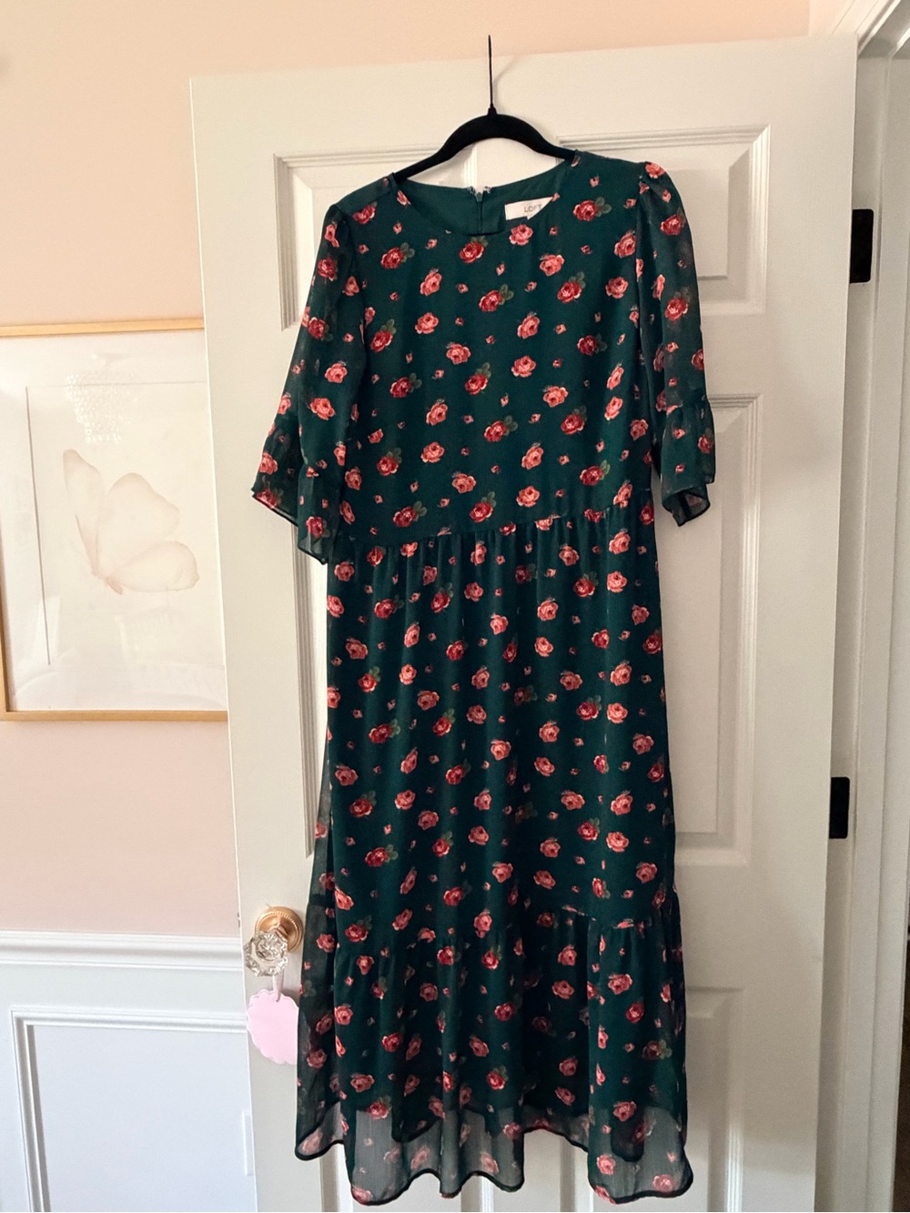 *NWT* LOFT Green Floral Midi Dress with Pink Rose Print